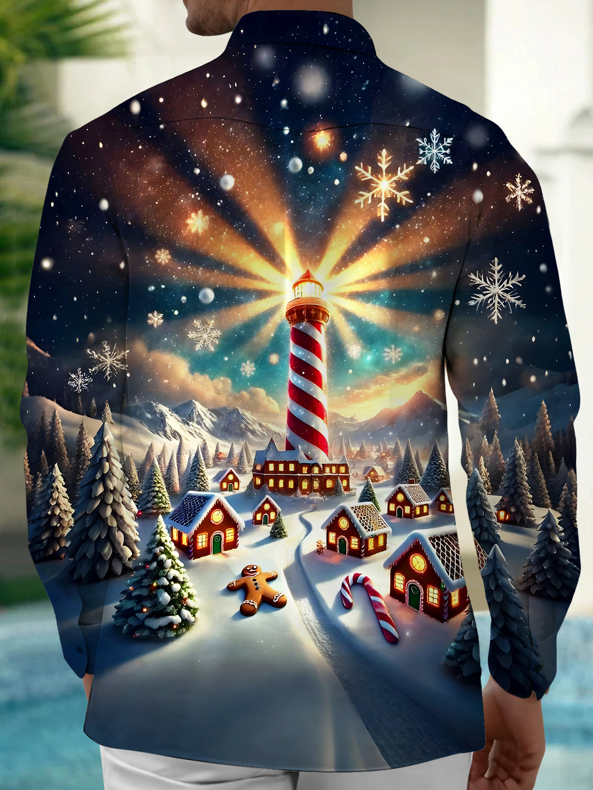 Christmas Lighthouse Men's Pocket Long Sleeve Shirts