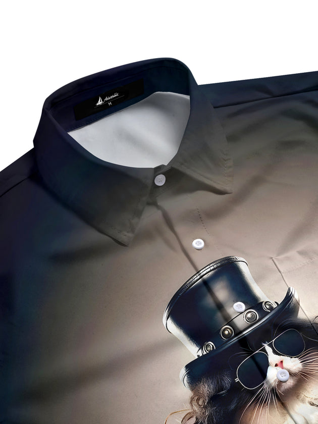 men's feline print shirt side view
