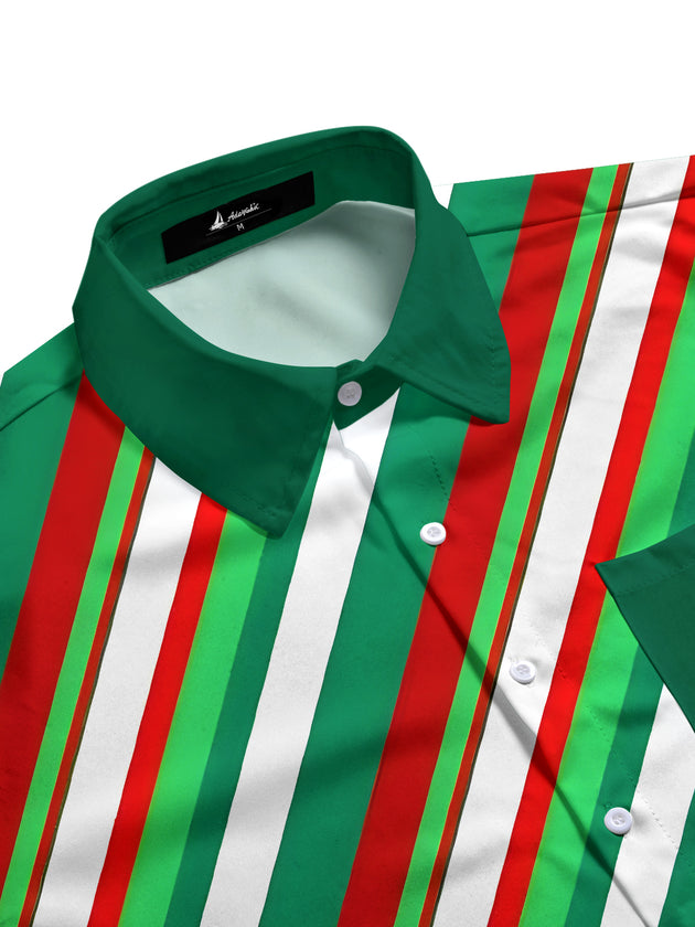 Men's red and green striped long sleeve shirt side view