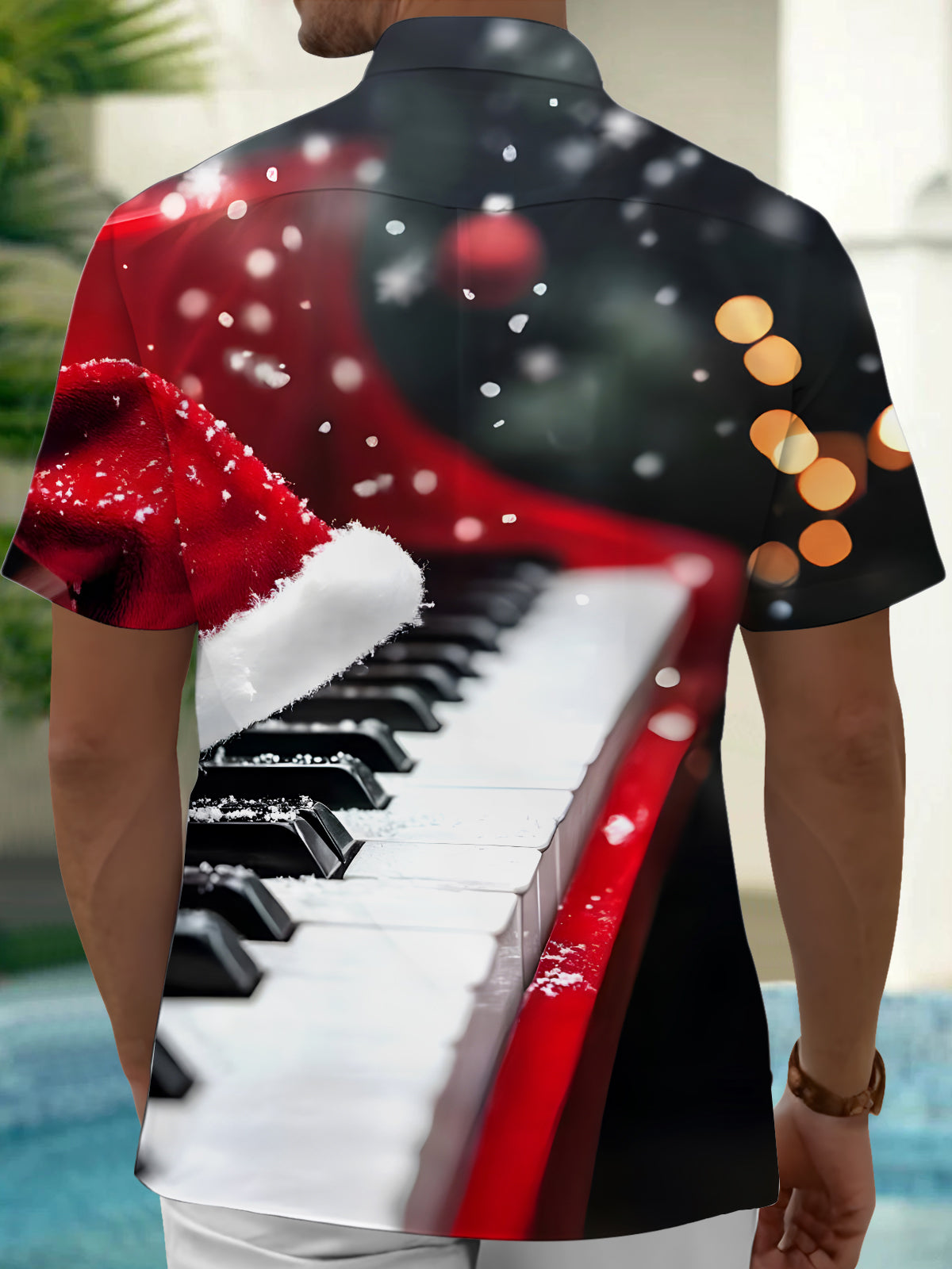 Christmas Hat Piano Men's Pocket Short Sleeve Shirts