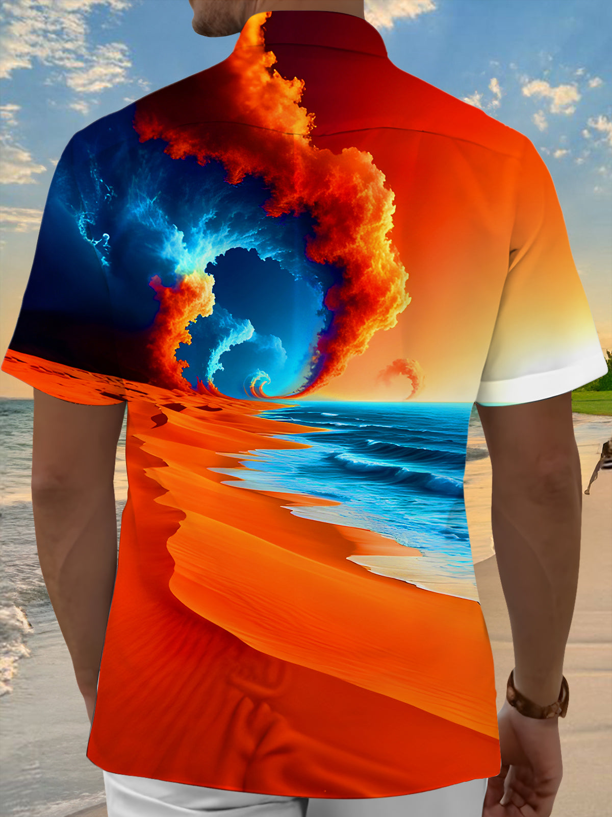 Swirling Clouds Surging Waves Sunset Orange-Red Sand Men's Pocket Short Sleeve Shirts