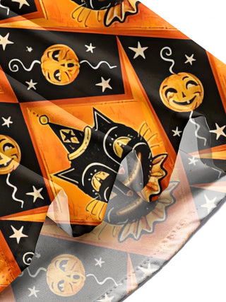 Men's long sleeve shirt Halloween cat pumpkin print stitching detail close-up
