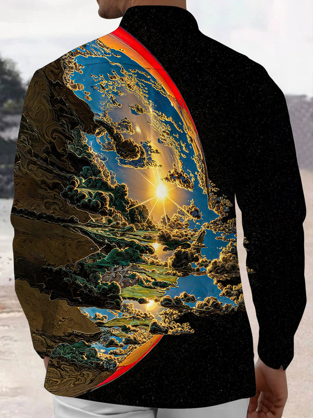 Men's abstract earth art print long sleeve shirt back view