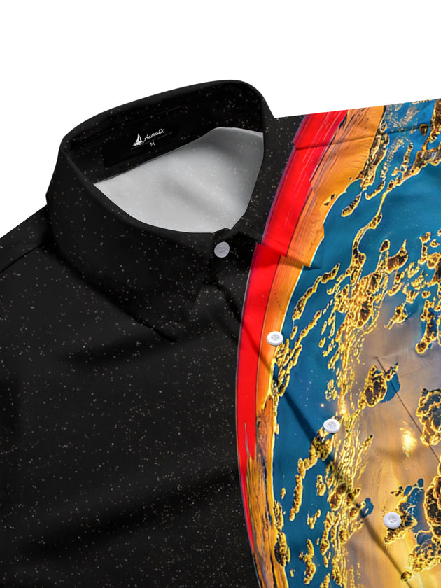 Men's abstract earth art print long sleeve LS shirt side view