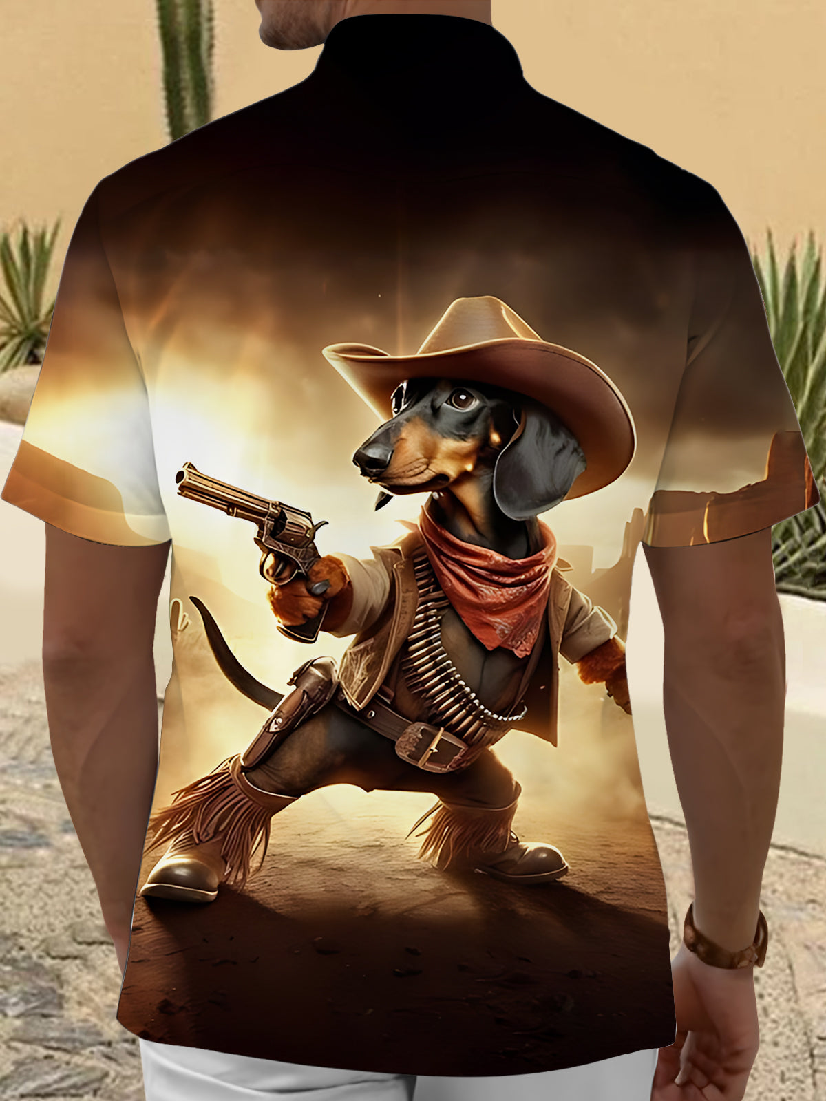 Western Cowboy Dachshund Print Men's Pocket Short Sleeve Shirts