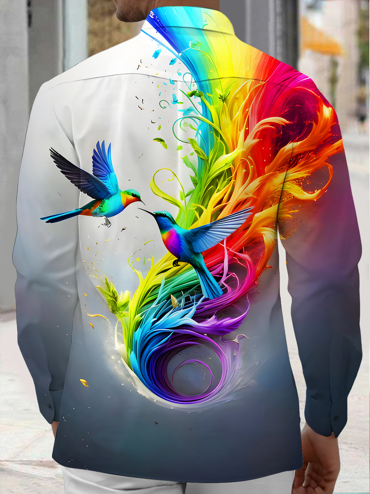 Tie Dye Flowing Rainbow Birds Men's Pocket Long Sleeve Shirts