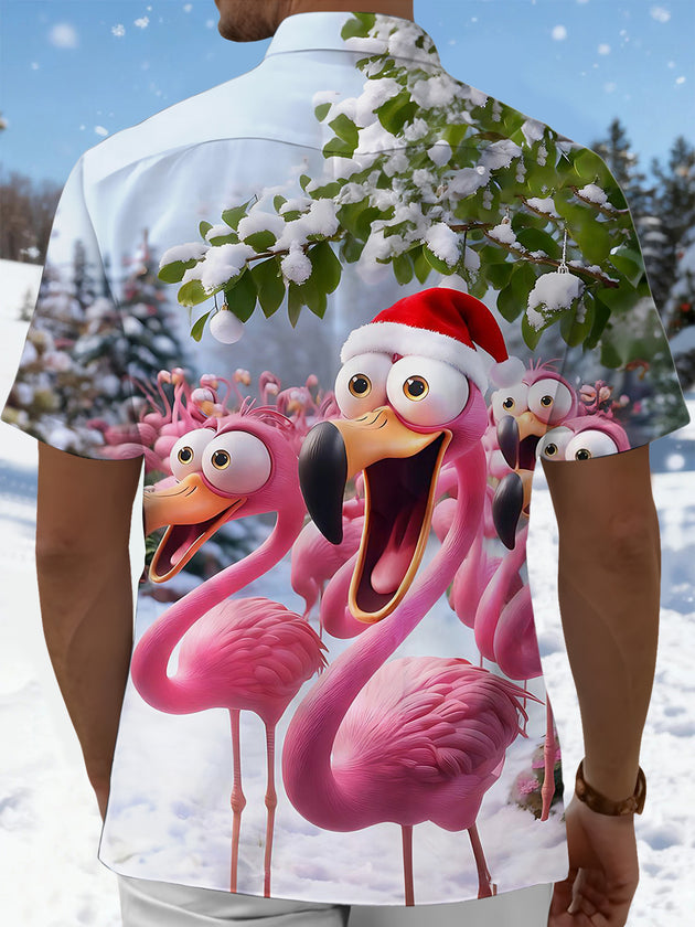 Men's Christmas flamingo print pocket short sleeve shirt back view