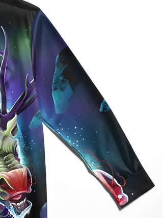 Men's Christmas reindeer art print pocket long sleeve shirt fabric detail close-up