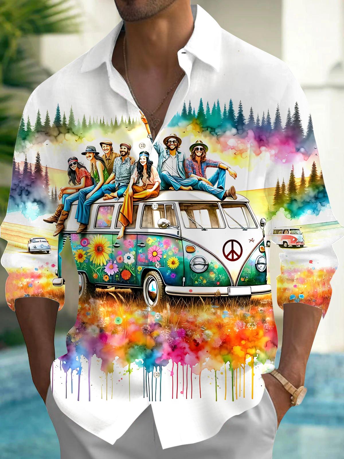 Hippie Bus Art Print Men's Pocket Long Sleeve Shirts