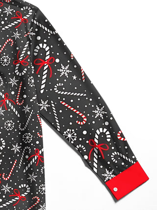 Men's Christmas print long sleeve shirt close-up detail of fabric texture and stitching