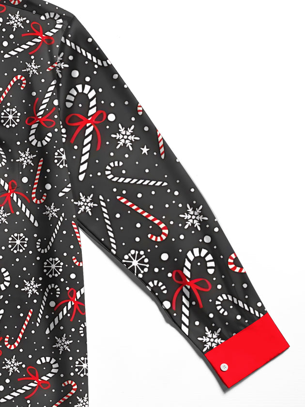 Men's Christmas print long sleeve shirt close-up detail of fabric texture and stitching