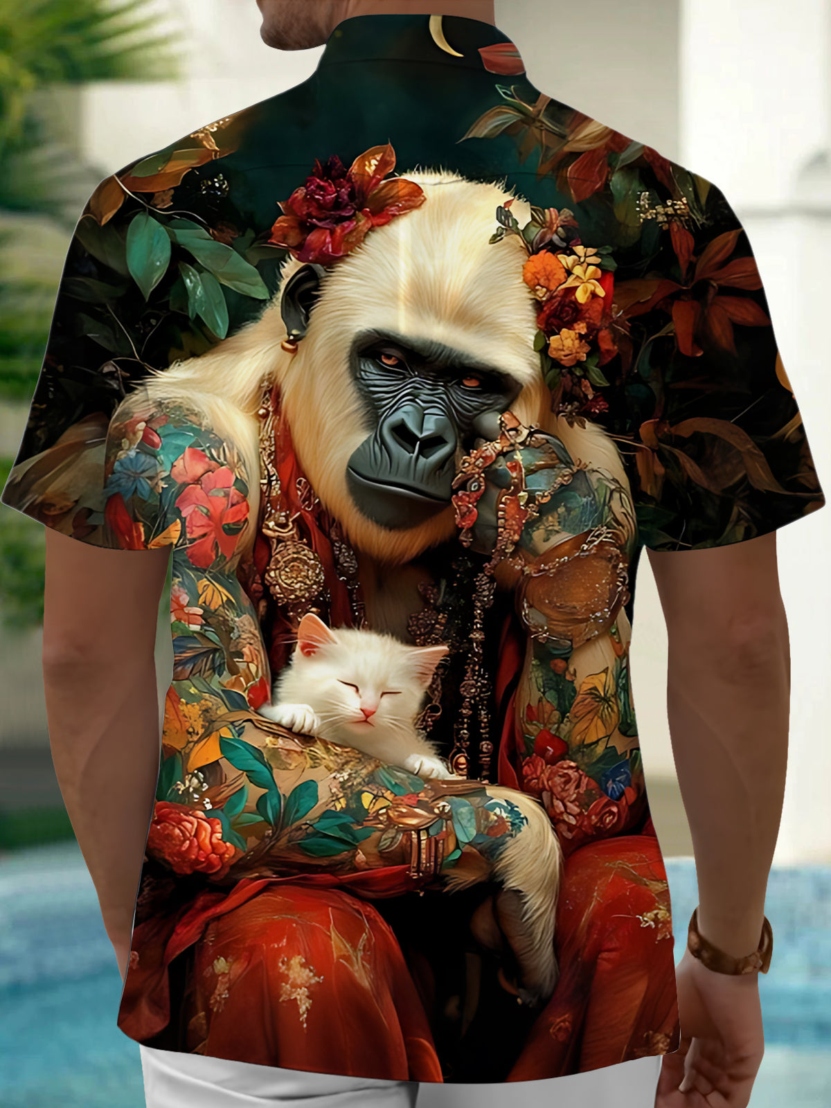 Orangutan Cat Plant Print Men's Pocket Short Sleeve Shirts