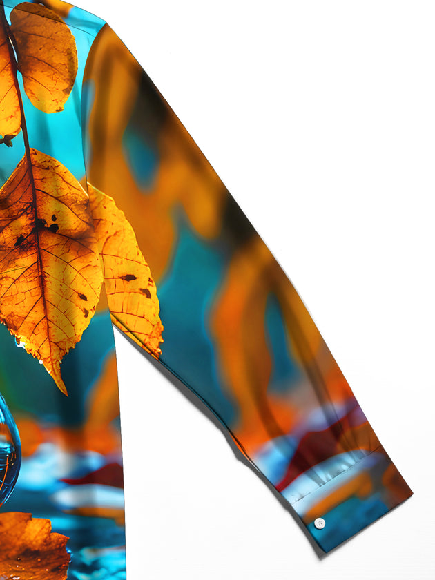 men long sleeve shirt autumn leaves boat print fabric texture detail close-up