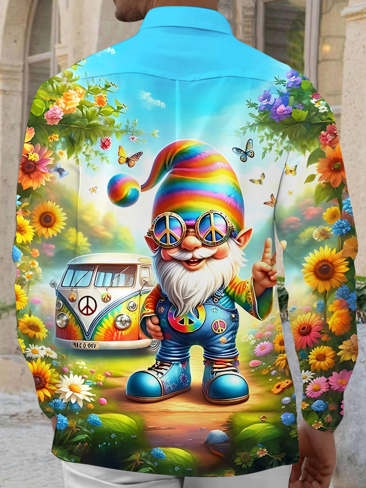 Hippie Gnome Peace Sign Art Print Men's Pocket Long Sleeve Shirts