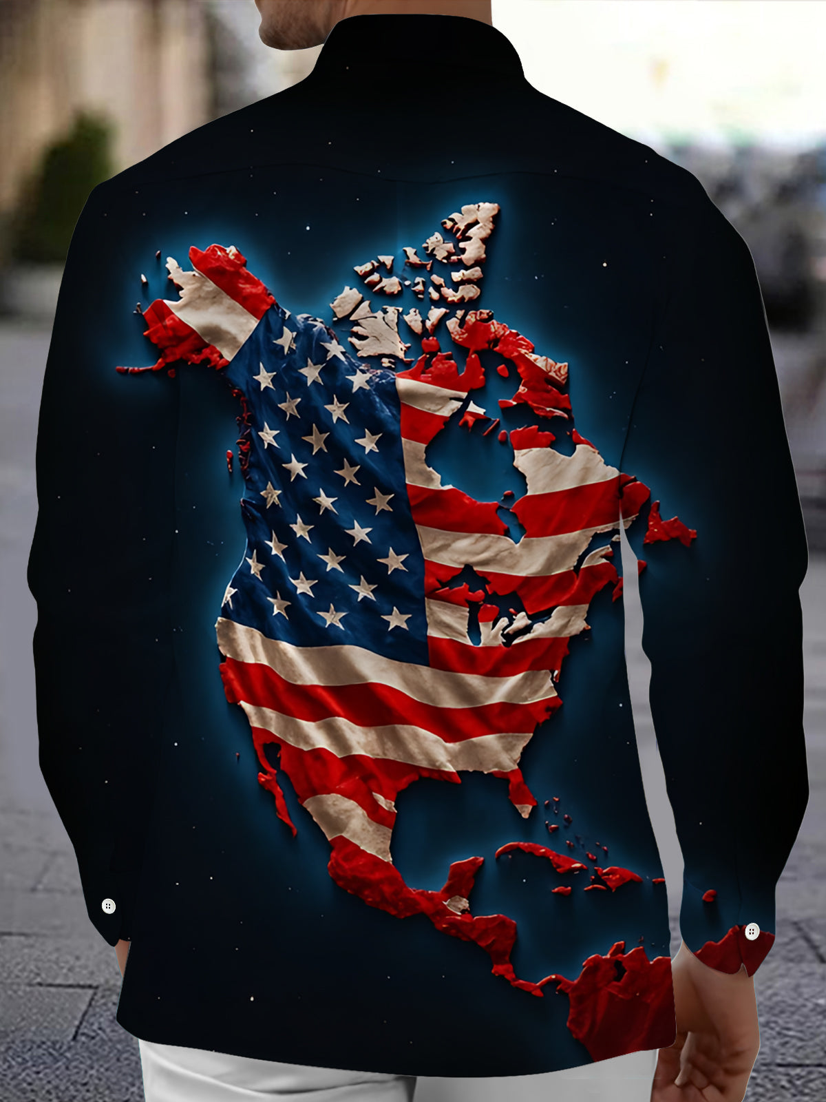 Map of North America American Flag Print Men's Pocket Long Sleeve Shirts