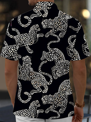 Men's Black White Leopard Print Short Sleeve Shirt Back View