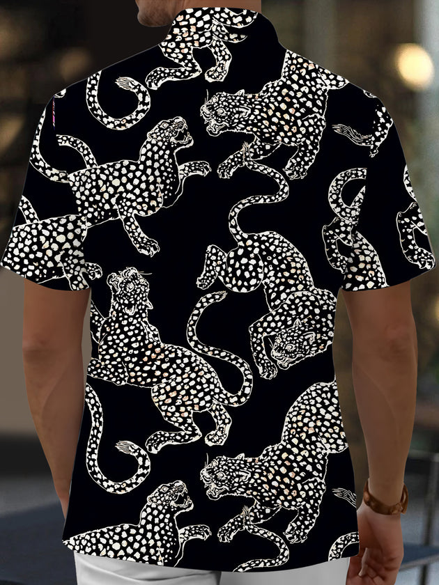 Men's Black White Leopard Print Short Sleeve Shirt Back View