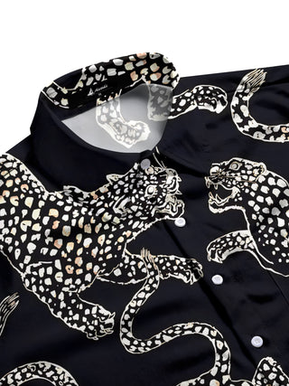 Men's black white leopard print half sleeve pocket shirt side view