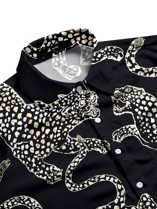 Men's black white leopard print half sleeve pocket shirt side view