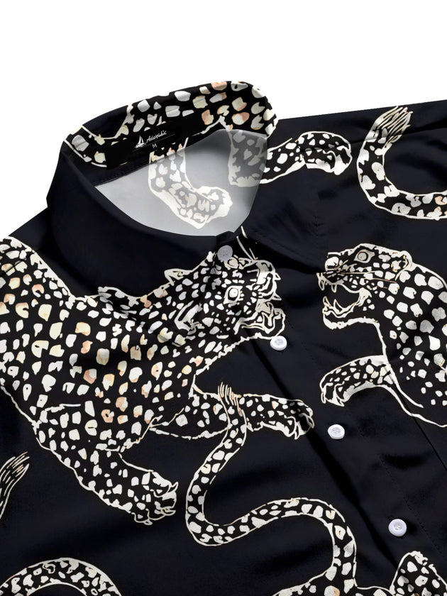 Men's black white leopard print half sleeve pocket shirt side view