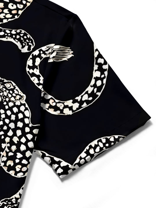 Men's black white leopard print short sleeve shirt close-up detail of fabric texture