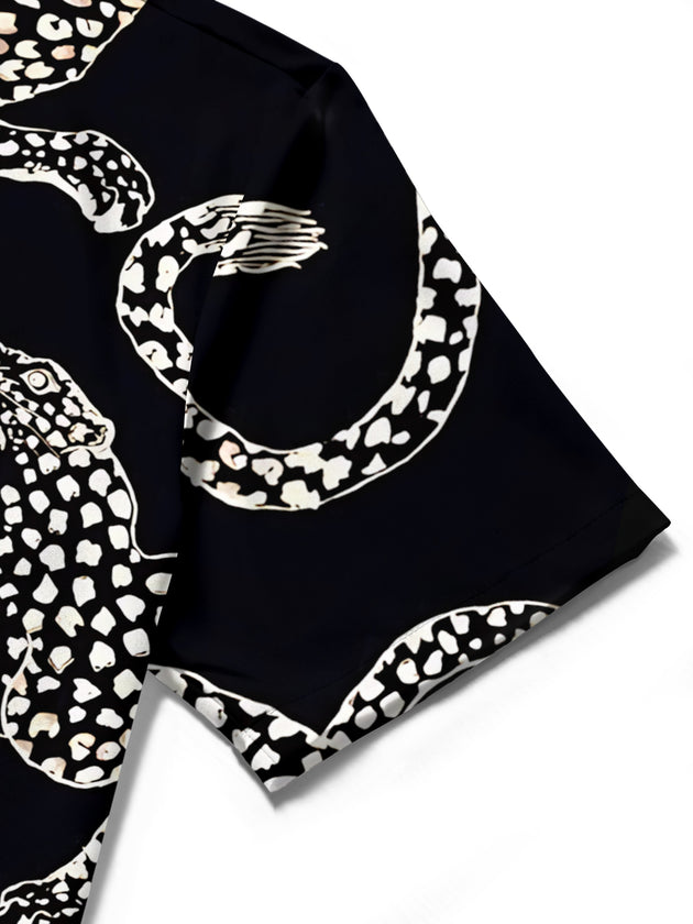 Men's black white leopard print short sleeve shirt close-up detail of fabric texture