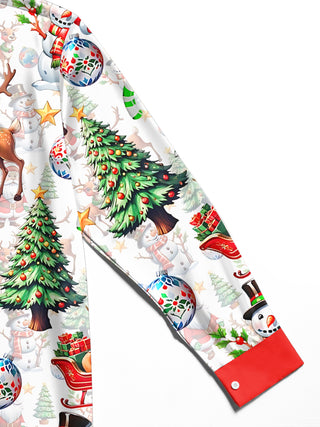 Men's red Christmas print long sleeve shirt close-up detail view