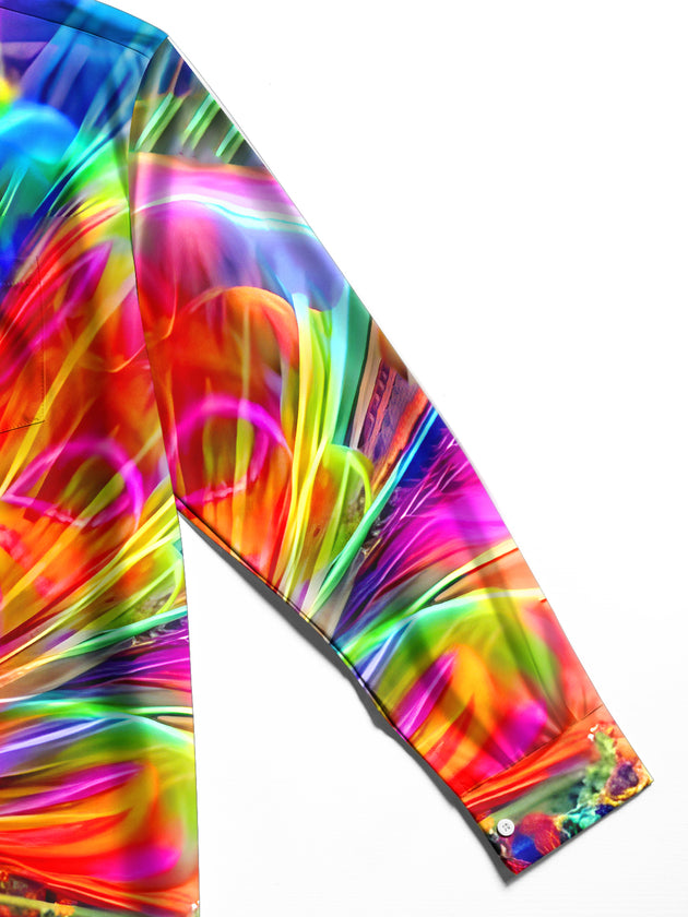 Men's abstract tie dye long sleeve shirt close-up detail view