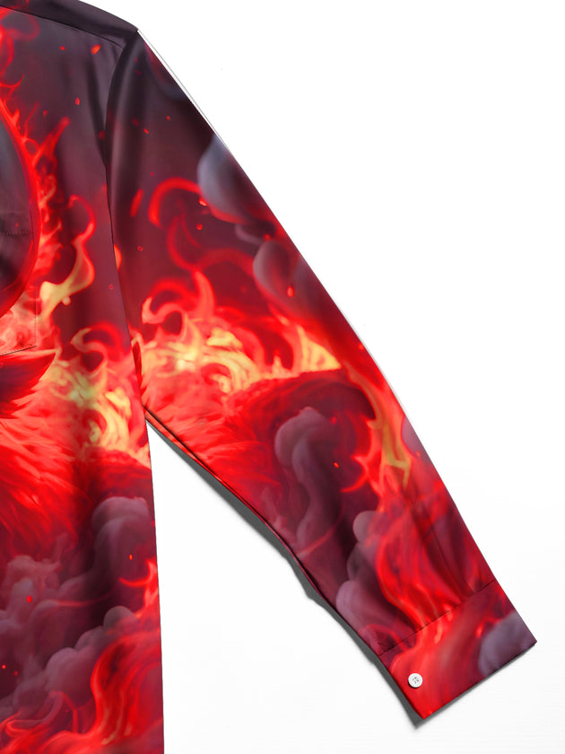 Men's cow print long sleeve shirt pocket stitching detail close-up