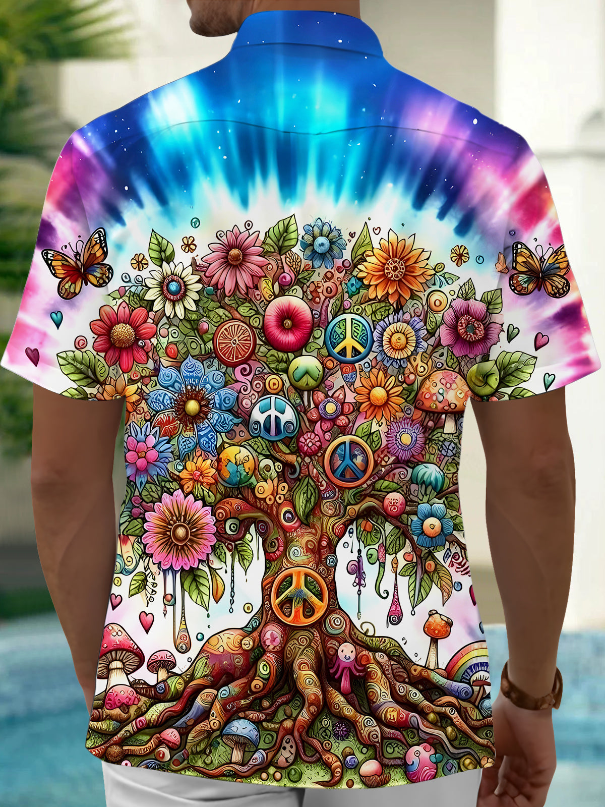 Tie Dye Hippie Tree Men's Pocket Short Sleeve Shirts