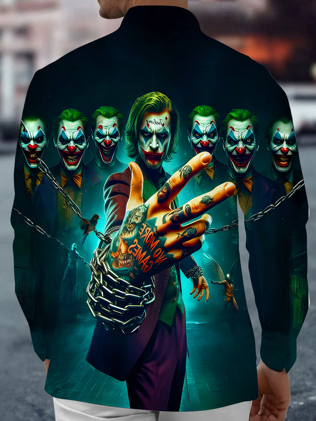 Men's black joker print long sleeve shirt back view