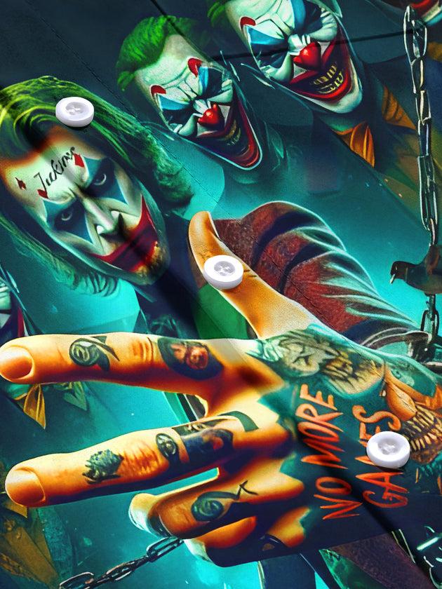 Men's joker print long sleeve shirt flat lay pattern detail