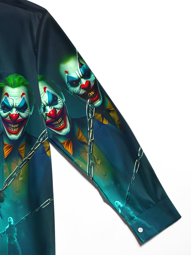 Men's black joker print long sleeve shirt close-up detail
