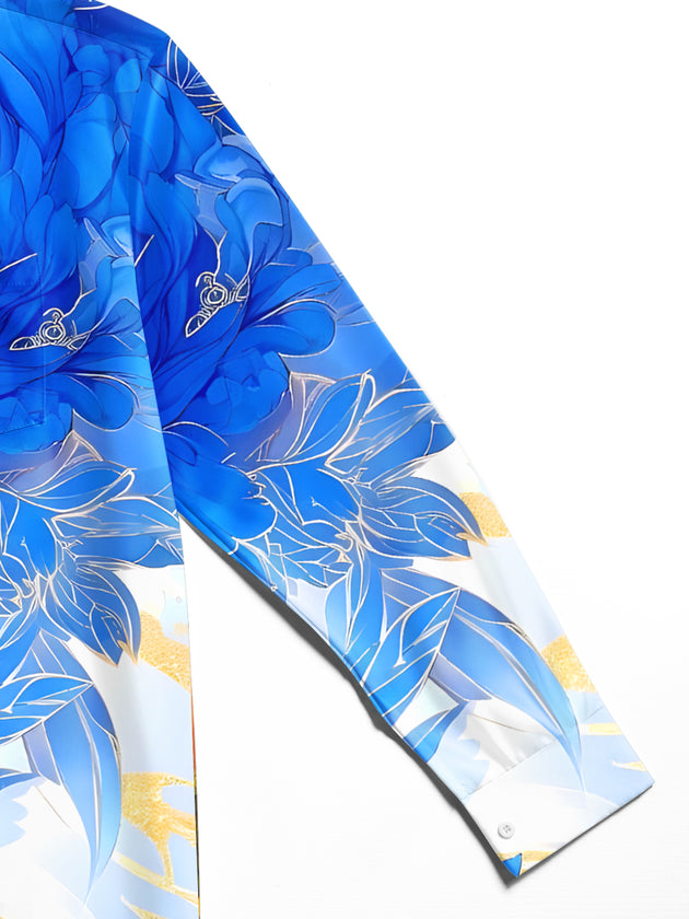 Men's floral long sleeve shirt close-up detail of pocket stitching
