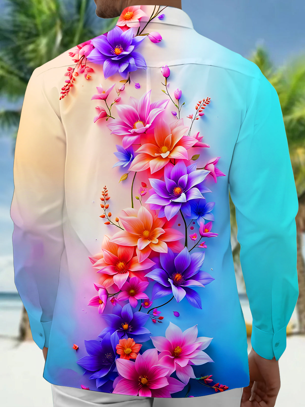 Art Gradient Floral Men's Pocket Long Sleeve Shirts