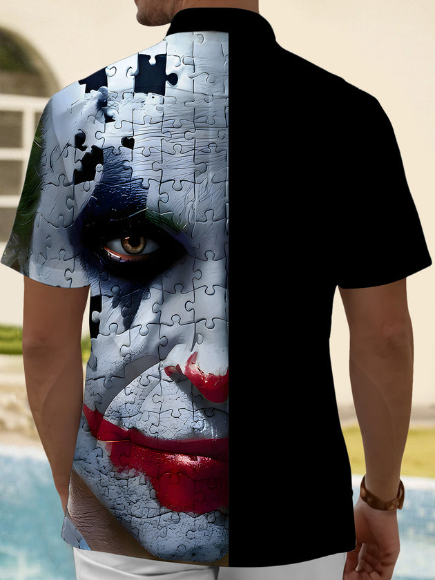 Men's black short sleeve Halloween puzzle joker shirt back view