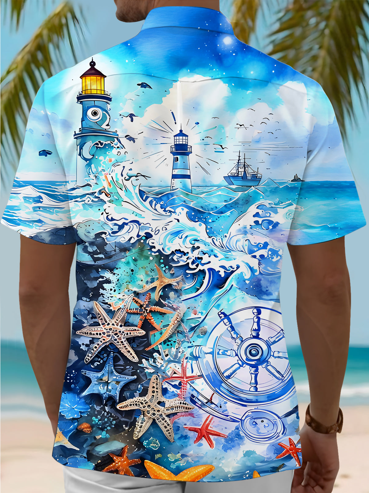 Boat Lighthouse Compass Starfish Men's Pocket Short Sleeve Shirts