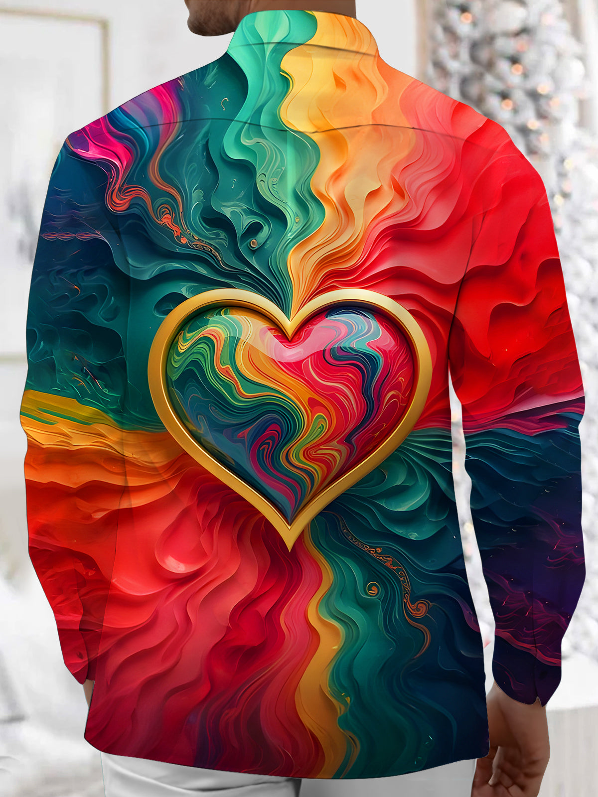 Tie Dye Gilded Colorful Heart Men's Pocket Long Sleeve Shirts