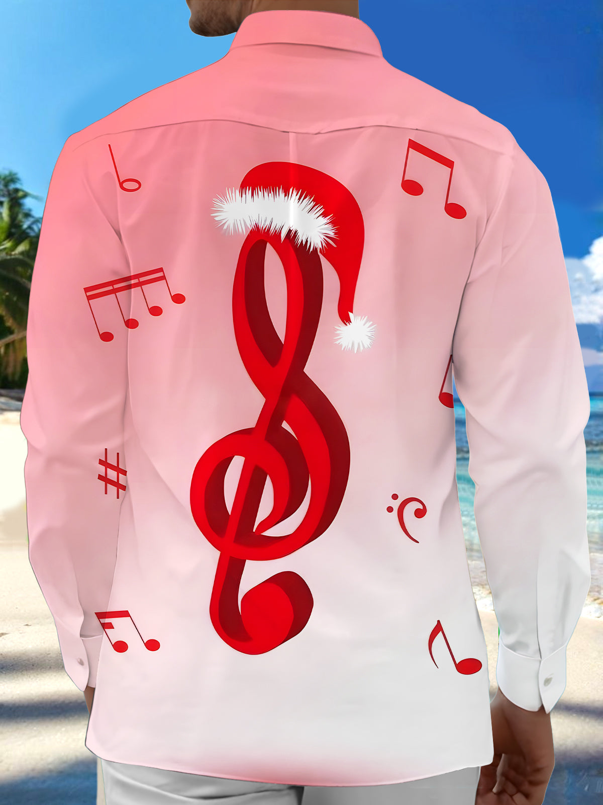 Christmas Hat Musical Note Men's Pocket Long Sleeve Shirts