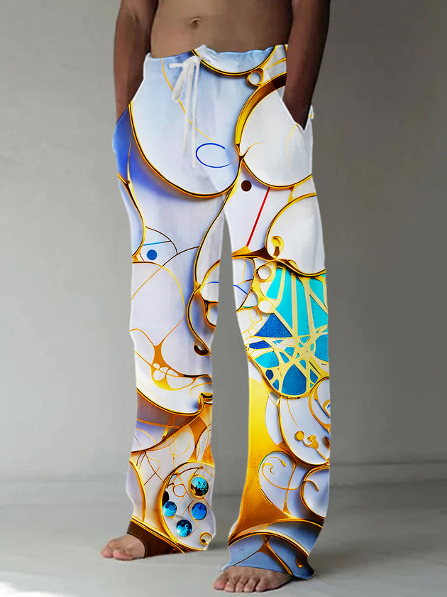 Men's abstract print geometric pattern casual elastic waist pants flat lay view