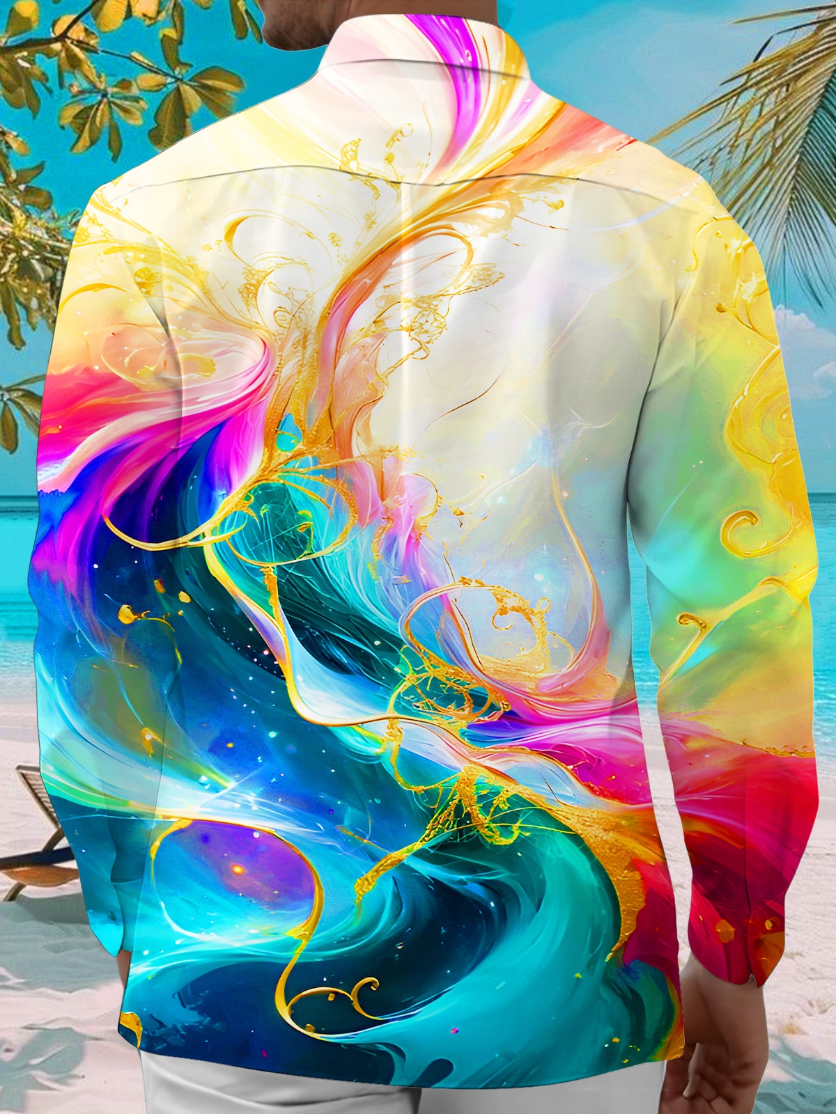 Rainbow Molten Gold Fluid Art Men's Pocket Long Sleeve Shirts
