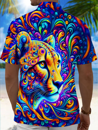 Men's colorful cheetah swirl pocket short sleeve shirt back view