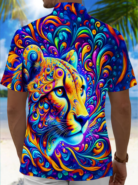 Men's colorful cheetah swirl pocket short sleeve shirt back view