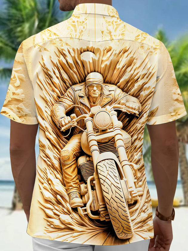 men's black art engraved motorcycle back view short sleeve shirt