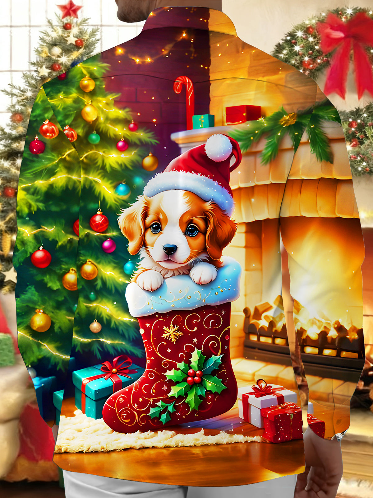 Funny Puppy Christmas Stocking Xmas Men's Pocket Long Sleeve Shirts