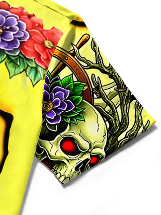 men's skull print shirt close-up short sleeve