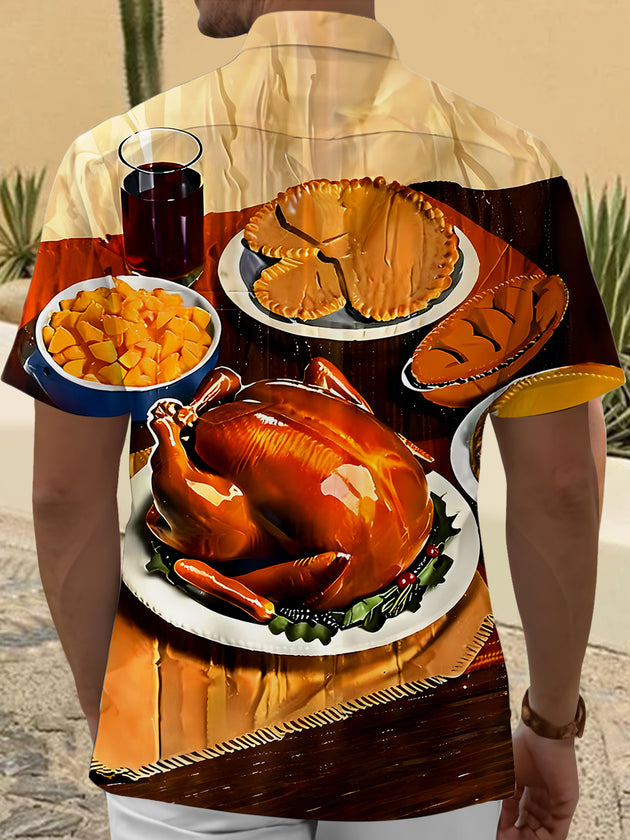Men's black Christmas turkey print short sleeve shirt back view
