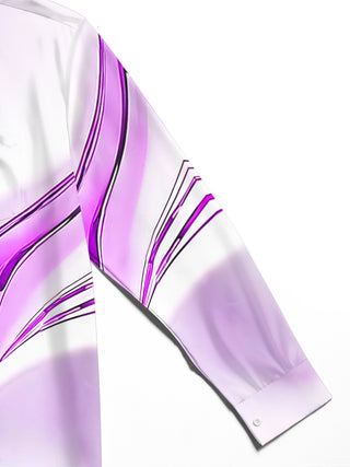 Close-up of men's abstract print long sleeve shirt showing fine stitching