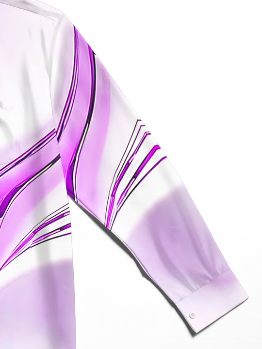 Close-up of men's abstract print long sleeve shirt showing fine stitching
