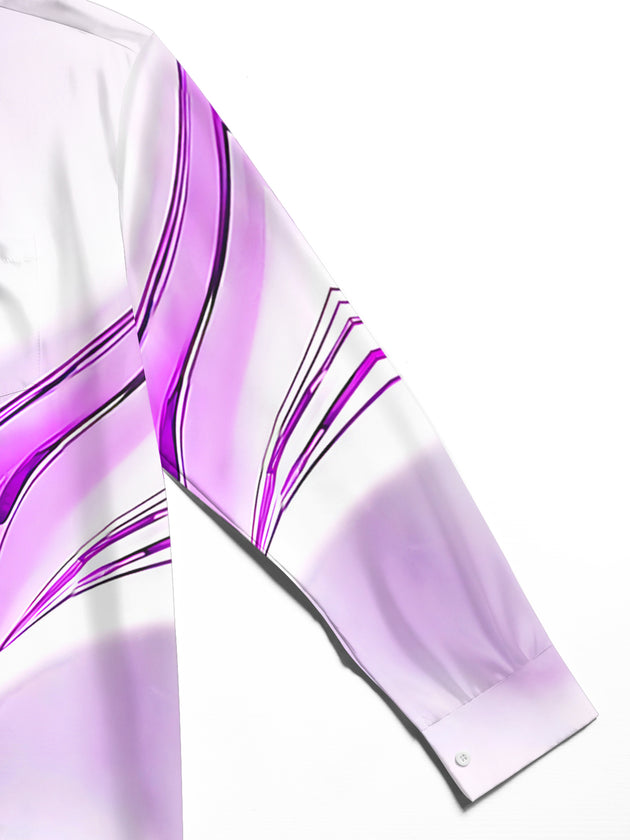 Close-up of men's abstract print long sleeve shirt showing fine stitching